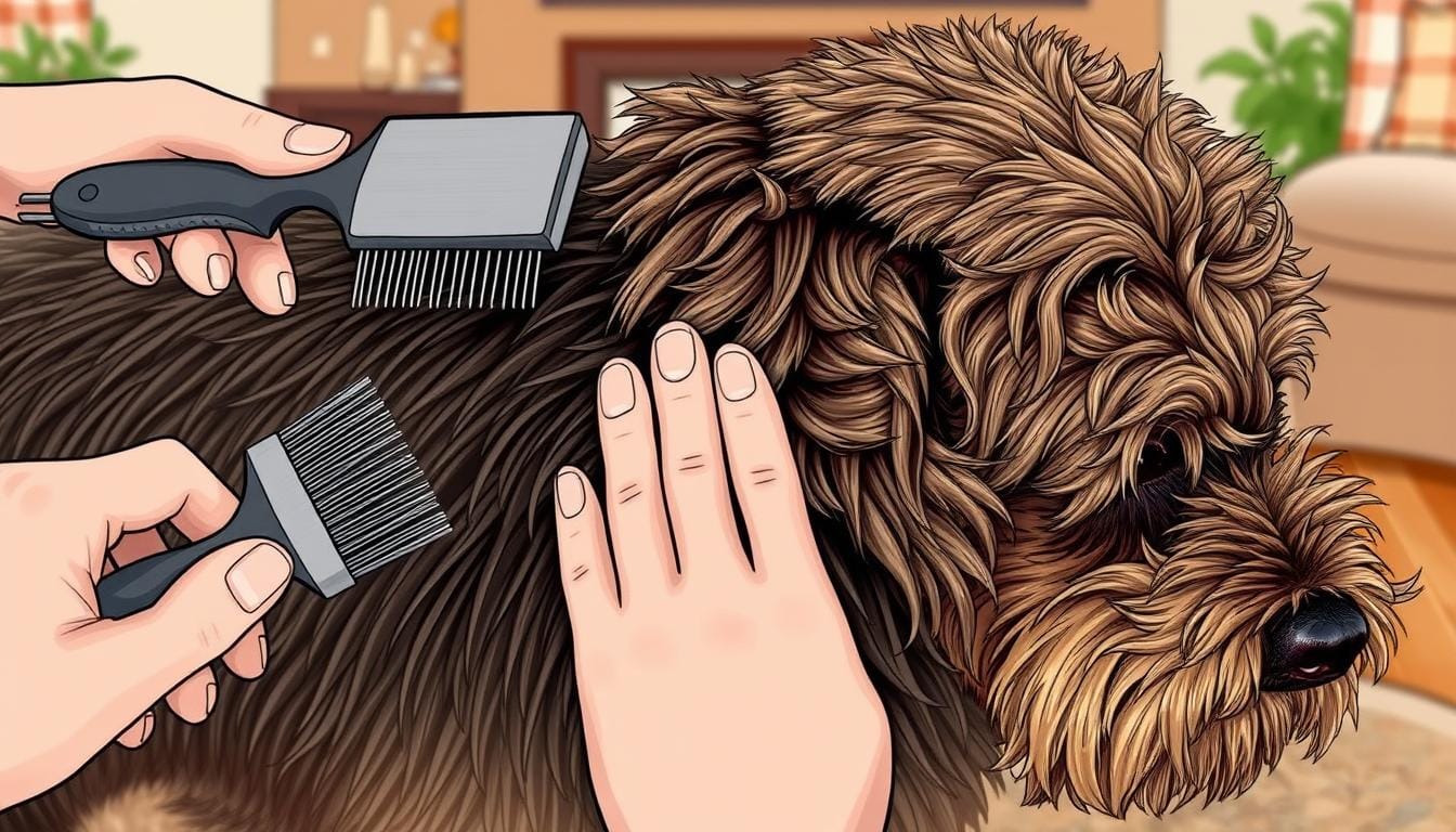 Dog-owner-using-brush-on-dog
